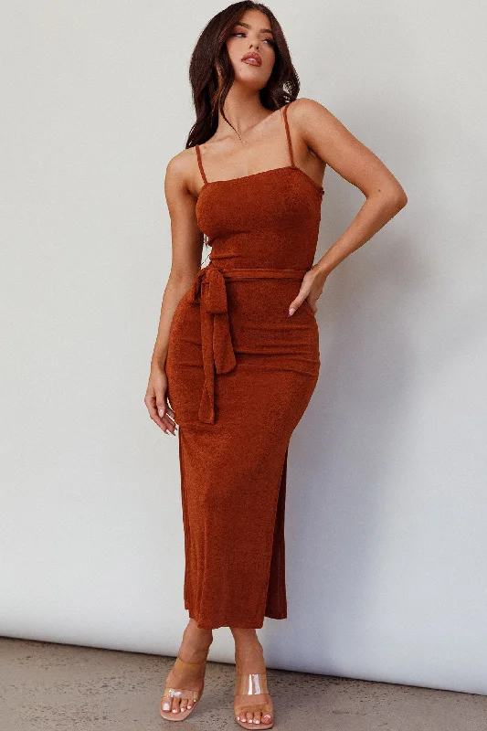 Serenade Me Square Neckline Side Split Midi Dress Cinnamon