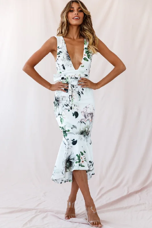 Sorry Not Sorry Wide Strap Flounce Floral Dress White