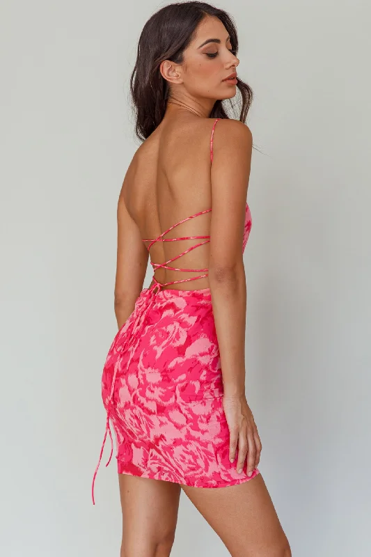 Spring Fever Lace-Up Back Mini Dress Floral Pink