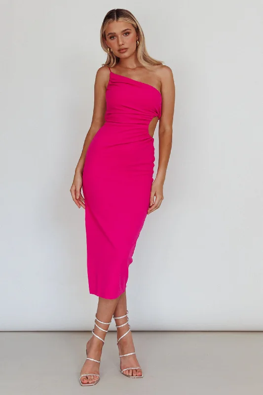 Taking Bets One Shoulder Cut-Out Midi Dress Hot Pink