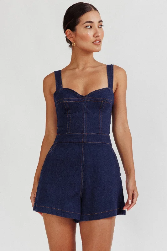 Tease Me Sweetheart Neckline Denim Romper Indigo