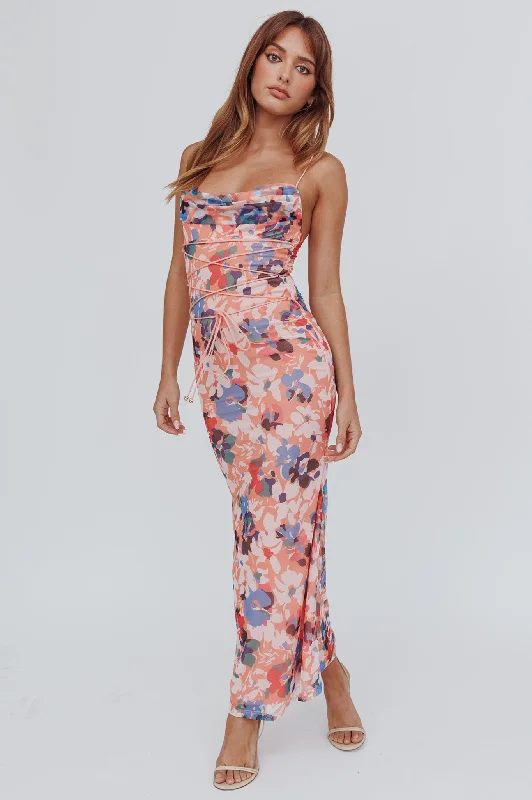 Teava Laced Waist Maxi Dress Flowers Orange