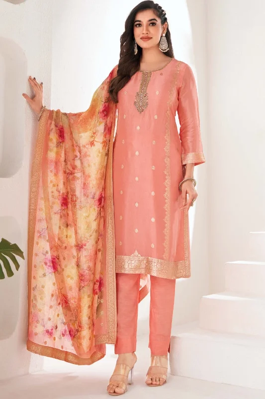 Peppy Peach Banarasi Dola Silk Kurta Pant Set