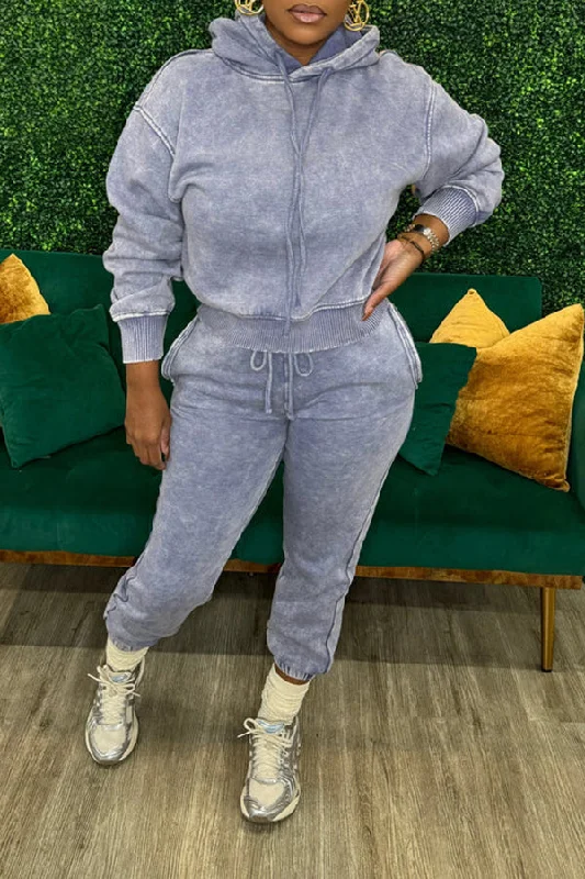 Casual Acid Wash Hoodie & Pants Set