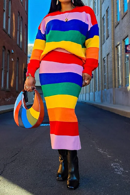 Casual Colorful Striped Knitted Top & Skirt Set