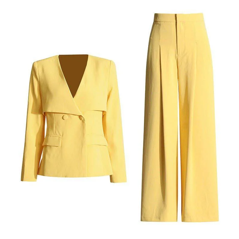 Anna V-neck blazer +high waisted pleated wide leg pants set