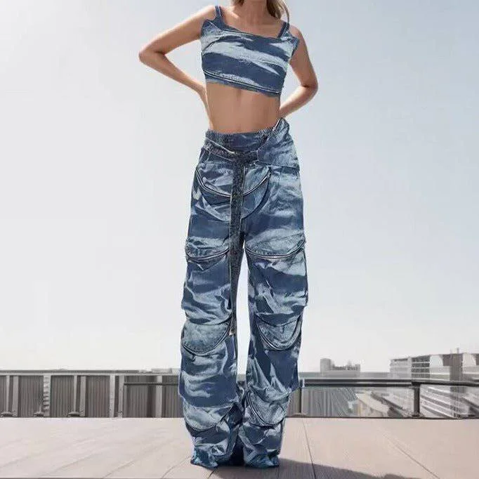 Autumn Strappy Cropped Top & High Waist Spliced Denim Pants Set