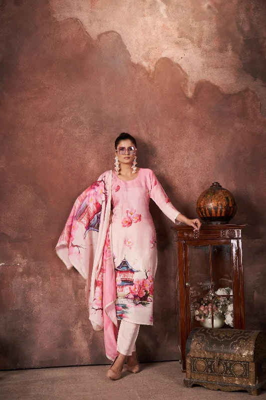 Blush Pink Printed Muslin Silk Kurta Pant Set