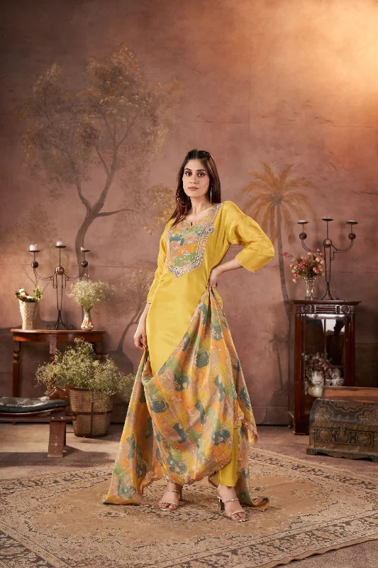 Bright Yellow Embellished Tissue Silk Kurta Pant Set