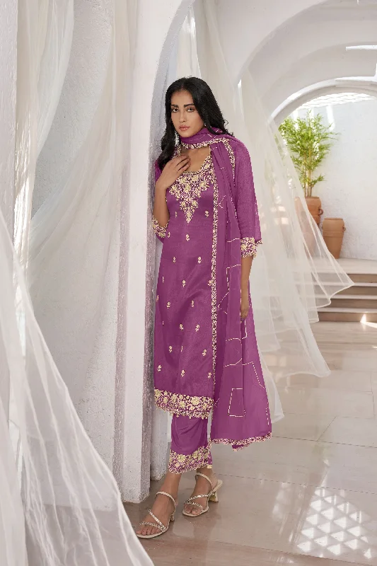 Deep Mauve Embroidered Premium Silk Pants Set