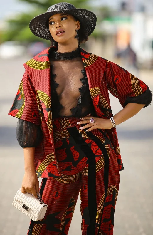 African Print Red Duu Kimono and Pant Set