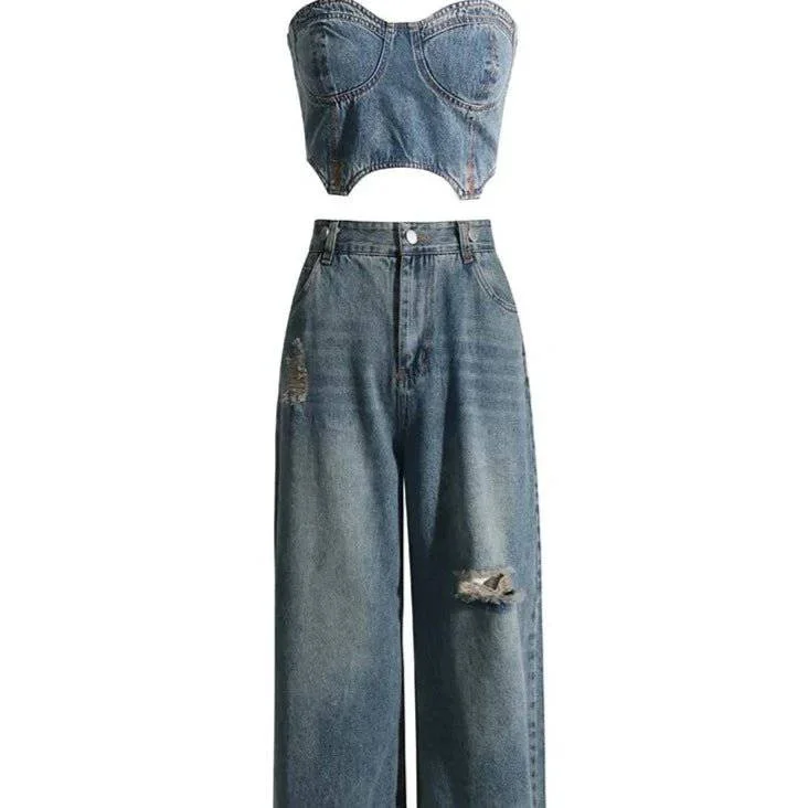 Kendall Strapless Top & Flared Denim Pants Sets