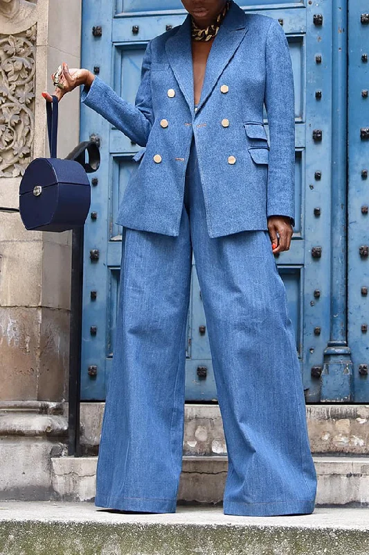 Stylish Double Breasted Denim Blazer Set