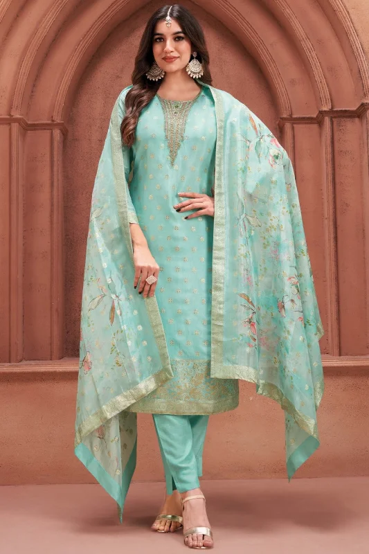 Pastel Blue Banarasi Dola Silk Kurta Pant Set