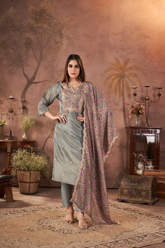 Metallic Grey Embellished Tissue Silk Kurta Pant Set