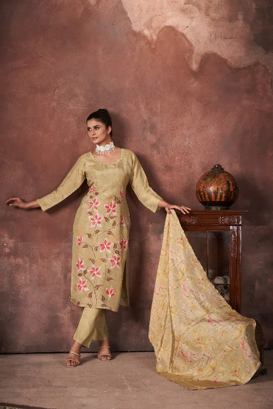 Pastel Pear Green Printed Tissue Silk Kurta Pant Set