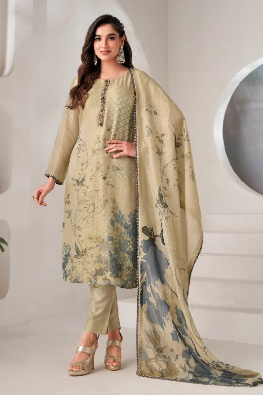 Golden Beige Floral Printed Crepe Silk Kurta Pant Set