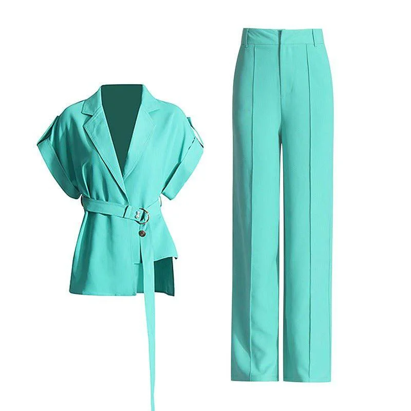 Pree V-neck tie up waist slimming top+high waisted wide leg pants two-piece set