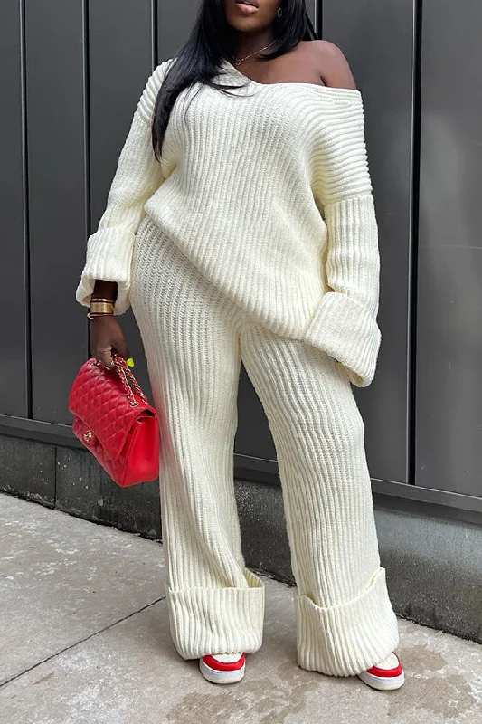 Casual Ribbed Knit Sweater & Pants Set