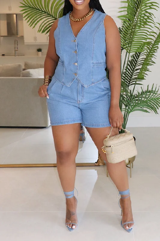 Casual Denim Button Up Vest & Shorts Set