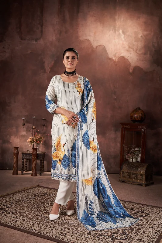 White Floral Printed Crepe Silk Kurta Pant Set