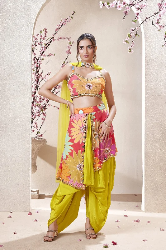 Yellow Floral Printed Crepe Silk Draped Salwar Set